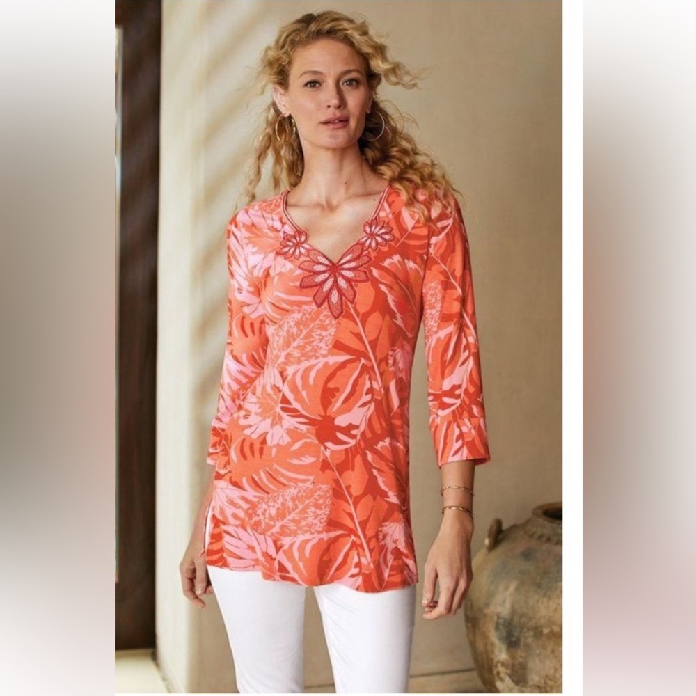 Soft Surroundings Tunic Top Tropical Palm Beaded Del Rio Orange Beach-Medium
